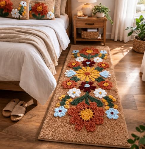 Image of Roseate Tan Daisy Super Soft (50x125 cm) Microfibre 2000 GSM Anti Skid Runner for Bedroom /Carpets for Living Room /Kitchen Mats for Floor /Floor Mat /Bathroom Mat /Rug