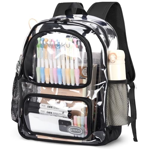 17 Inch Large Clear Backpack for School, Heavy Duty PVC Transparent Bookbag for Girls Stadium Approved See Through Backpack, Black