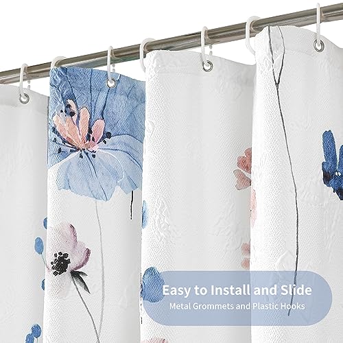 Image of QIYI Small Stall Half Watercolor Floral Shower Curtain, 3D Embossed Butterflies Blue Flower Cloth Bathroom Curtain, Waterproof Fabric White Shower Curtain Set with Hooks