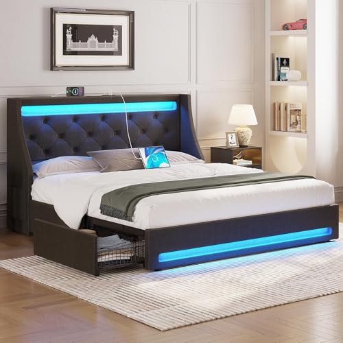 Rolanstar Full Bed Frame with LED Lights and Charging Station,...
