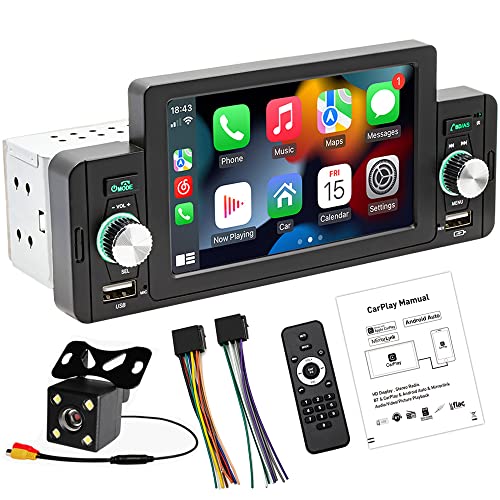 1 Din CarAutoPlayar Récepteur multimédia stéréo 5" Autoradio à écran tactile avec Apple CarPlayer Android Auto Support Bluetooth Appel mains libres FM SWC USB AUX Mirror Link + Caméra de recul 4LED Cover