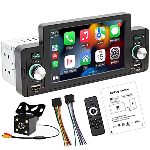 1 Din CarAutoPlayar Récepteur multimédia stéréo 5" Autoradio à écran tactile avec Apple CarPlayer Android Auto Support Bluetooth Appel mains libres FM SWC USB AUX Mirror Link + Caméra de recul 4LED