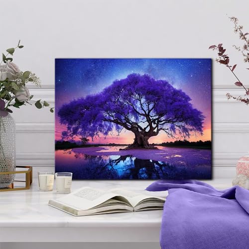 Image of Purple Wall Art for Living Room Tree of Life Wall Decor Abstract Starry Night Forest Landscape Picture Canvas Paintings Space Nebula Scenery Poster Artwork Bedroom Office Home Decorations 12x16 inch