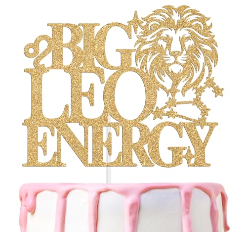 Gold Glitter Big Leo Energy Cake Topper, Happy Birthday Leo in July/August, Leo Season, 12 Zodiac Constellation Theme Birthday Party Decoration Supplies for Men Women