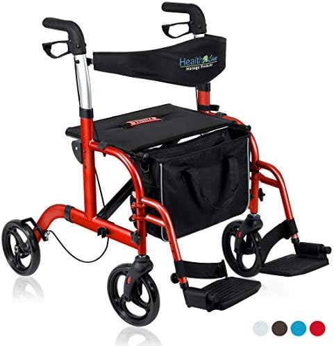 Health Line Massage Products 2 in 1 Rollator-Transport Chair w/Paded Seatrest, Reversible Backrest and Detachable Footrests, Cherry Red