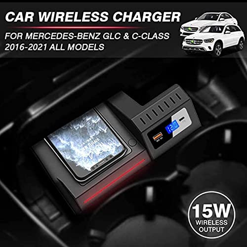XLARSH Wireless Car Charger Center Console Accessory Panel for Mercedes-b-ENZ C-Class GLC 2016-2021with QC3.0 USB and 18W PD Port 15W Fast Induction Phone Charging pad for All Qi Phone