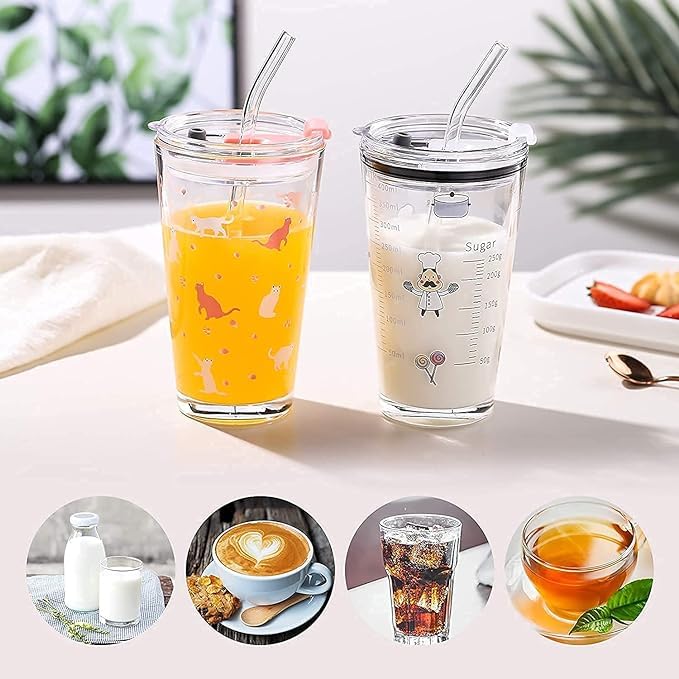 Shivaaro Cartoon Printed Milk Glass Sipper Mug Jar with Silicone Straw and Lid - Measuring Scale Drinking Cup for Kids Boys and Girls Perfect for Milk,Juice,Coffee 400 ML (1) 2