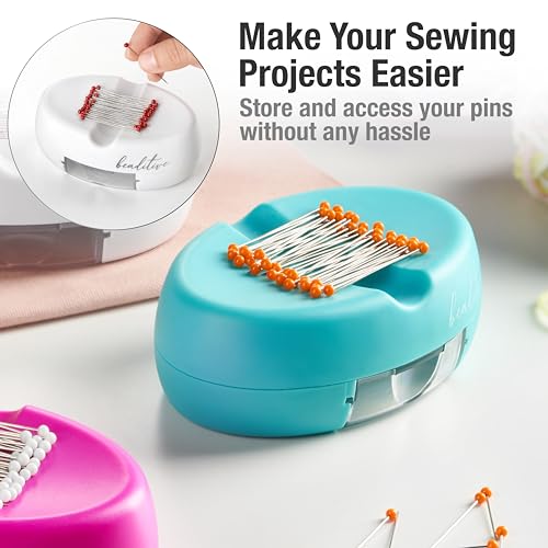 Image of Beaditive Magnetic Pin Cushion with Drawer - Strong Magnet Pin Holder Cushion for Sewing - 50 Glass Head Quilting Pins Included - Chic Pincushion Caddy for Sewing Pins, Paper Clips, Screws - Turquoise