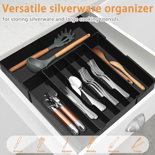 Homecor Silverware Organizer - Upward-Expandable Kitchen Drawer Organizer Utensil Holder, BPA Free Flatware and Cutlery Tray for Spoons Forks Knives, Plastic Kitchen Organizer and Storage, Black