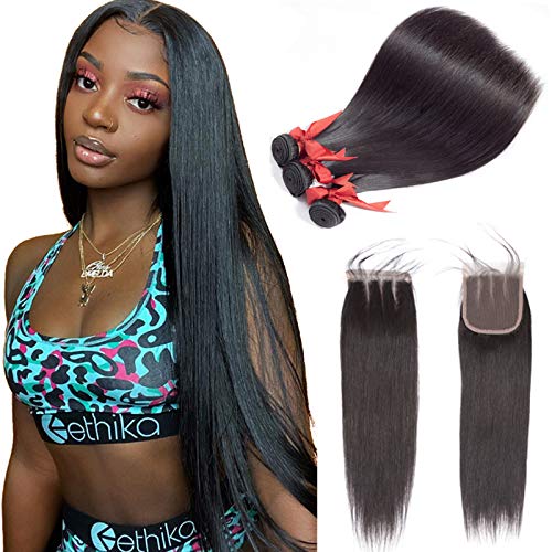 ALLRUN Bundles with Closure Three Part(12 14 16+10closure) Brazilian Straight Human Hair 3 Bundles with Three Part Lace Closure Human Hair Extensions Natural Black Color
