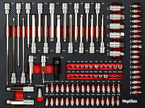 Mephisto Werkzeugeinlage Werkzeug Set Pro Line Werkstattwageneinlage Steckschlüssel- und Bitsatz, Steckschlüsseleinsatz für Schlagschrauber in Soft Inlay in Carbonoptik