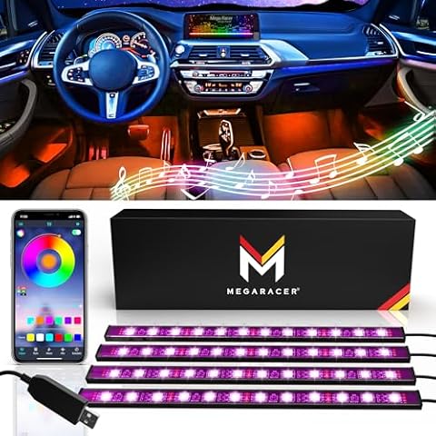 Mega Racer RGB Car LED Lights Strip - Interior LED Lights for Cars, 48 LEDs Over 16 Million Colors, Music Sync App Controlled with iPhone Android Waterproof Under Dash Car Lighting Kit, USB DC 12V Cover