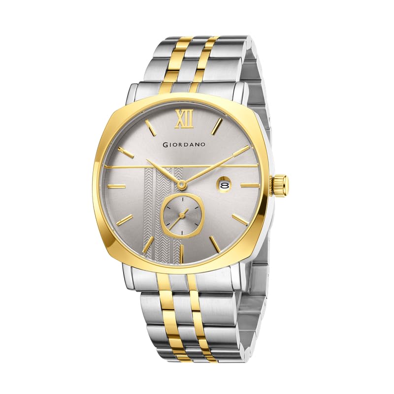 analog quartz watch for men with sunray patterned dial, roman xii & baton hour markers, small seconds sub-dial, date display and stainless steel strap - gz-50192
