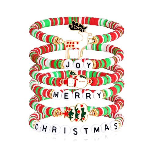 C-leen 6 Pcs Christmas Bracelets for Women Men Teens Joy Merry Christmas Charms Festive Gifts Outfit Accessories Stackable Stretch Beaded Bracelet Friendship Bracelets Set