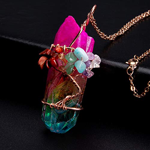 Bivei Tree of Life 7 Chakra Gemstone Copper Wire Wrap Irregular Clear Quartz Point Crystal Pendant Necklace(Rose Gold Plated Chakra-Titanium Coated Multi Color)
