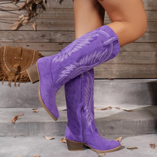 Women's Solid Color Suede Embroidered Side Zipper High Heeled Boots With Sloping Heels, Versatile Trendy, Cowboy Boot4