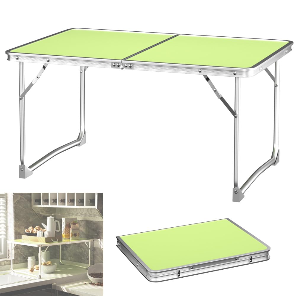 Camping Barbecue Small Table Durable & Compact Folding Table, Portable Trestle Dining Picnic Table, Aluminum Tube & MDF with Carrying Handle,Foldaway Table for Outdoor Indoor Kitchen Garden Patio BBQ