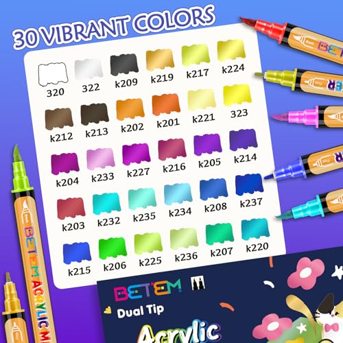 Image of Betem 30 Metallic Paint Markers for Glass, Dual Tip Acrylic Paint Pens