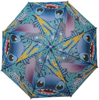 Vista superior aberta do guarda-chuva do Stitch com estampa de folhas tropicais e o personagem.
