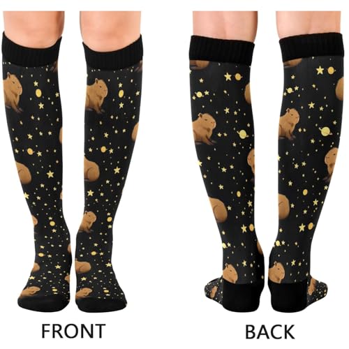 Image of Pigsaly Womens Compression Socks Yellow Stars Funny Brown Capybara Knee High Socks Athletic Tube Sock Outdoor Sport Socks