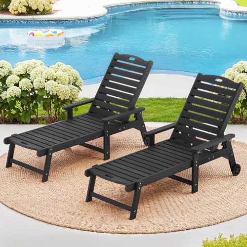 LUE BONA Outdoor Chaise Lounge Chairs Set of 2, 79'' Oversized HDPS Chaise Lounger, 5 Positions Adjustable Lounge Chairs, Pool Lounge Chair with Wheels for Poolside, Backyard, 3 Year Warranty, Black