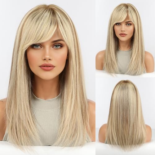 Image of KKU 16 Inch Ombre Golden Brown Human Hair Wigs for Women, Straight Human Hair Wig with Bangs, Remy Human Hair Wigs, Daily Wig