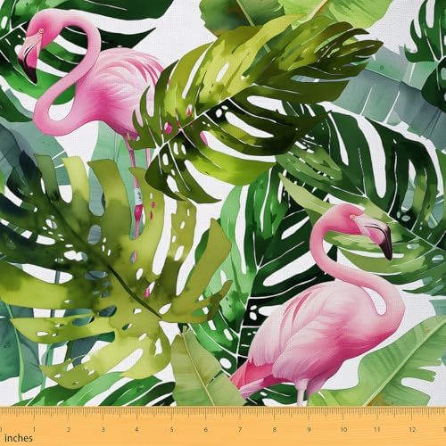 Feelyou Palm Leaf Print Fabric By The Yard, Tropical Flamingo Pattern Upholstery Fabric For Chairs Sofa Couch,Botanical Nature Theme Soft Flannel, 1 Yard, Green Pink