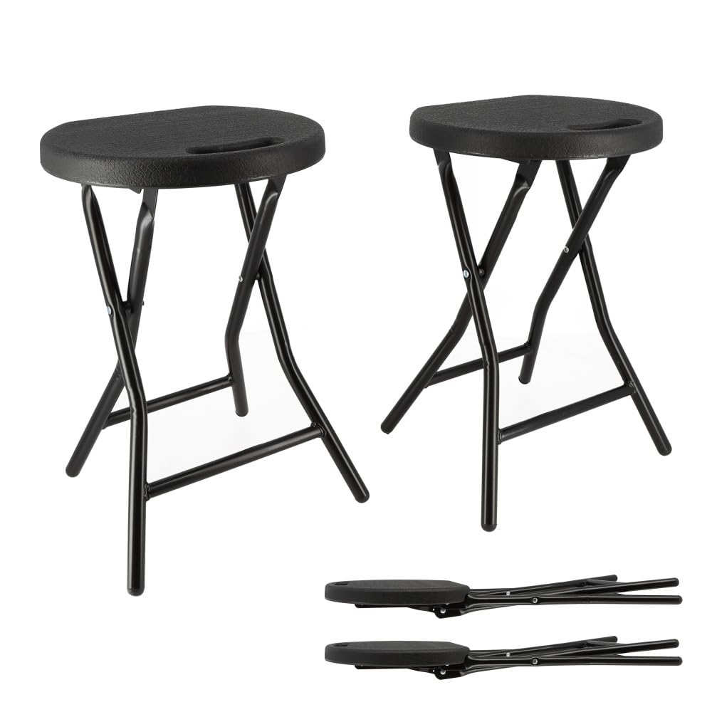 Tabourets pliants x2 - Ht 46cm - Tabouret pliable de Jardin, Terrasse, Balcon - Noir - Siège résine Structure Acier - Poignée