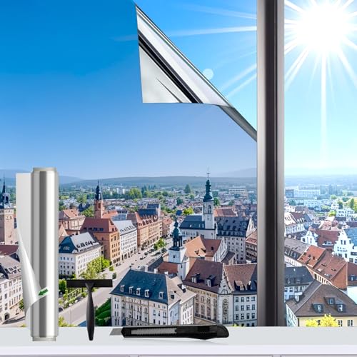 Evofensteere (Silber 90X200cm) UV-Schutz Sonnenschutzfolie Fenster innen oder außen,Selbstklebend Ohne Rückstände Thermofolie Fenster Gegen Hitze, spiegelfolie Fenster sichtschutz für Büro und Haus