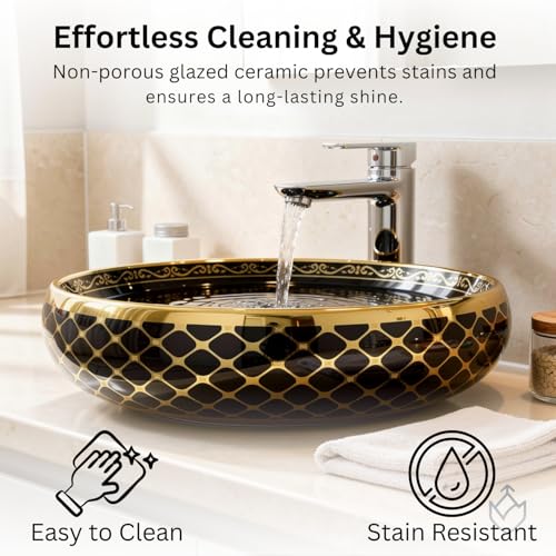 Image of Wallace Luxury Oval Table Top Wash Basin 60x40x15 cm | Premium Ceramic Countertop Vessel Sink with Gold Rim & Geometric Pattern | Over Counter Designer Bathroom Basin Black & Gold