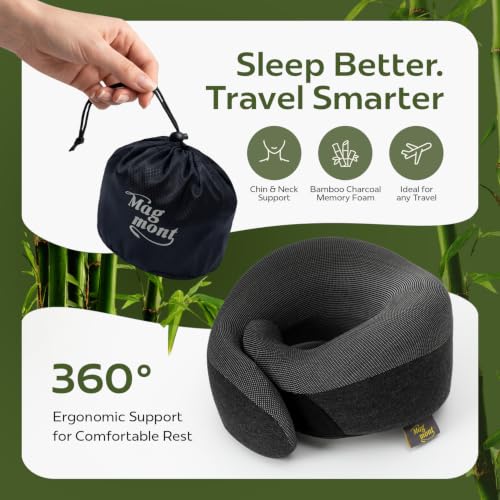 Image of Travel Neck Pillow for Airplanes, 360 Chin Support Memory Foam Travel Pillow for Long Flights, Bamboo Charcoal Memory Foam, Removable Washable Cover, Sleep Mask & Earplugs Included