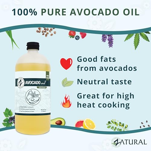 Image of Zatural 100% Avocado Oil Pure Natural without Additives, Clean, Cold Pressed, Non-GMO, Vegan: For Cooking, Frying, Baking and for Sauces, Dressings, Marinades, Salads (32 Ounce)