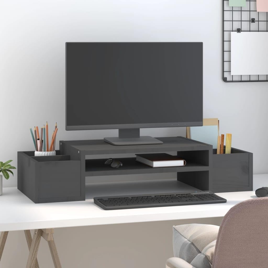 Supporto per monitor, in legno di pino massiccio, 70 x 27,5 x 15 cm, con ripiani, ergonomico, per scrivania per computer, ufficio, tavolo da gioco e soggiorno