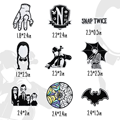 9 Pcs Wednesday Iron On Patches Gothic Family Sew On Embroidered Applique Repair Patch Diy Craft Accessories For Tv Show Fans Halloween Goth Horror Costume Clothing Jacket Jeans Backpack Hat #TOP1