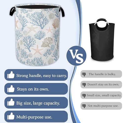 Image of Starfish Coral Shells Laundry Hamper With Handle,Foldable Oxford Cloth Ocean Laundry Basket,20.8 inchx16 inch Clothes Storage Basket for Laundry Room /Bedroom /Bathroom