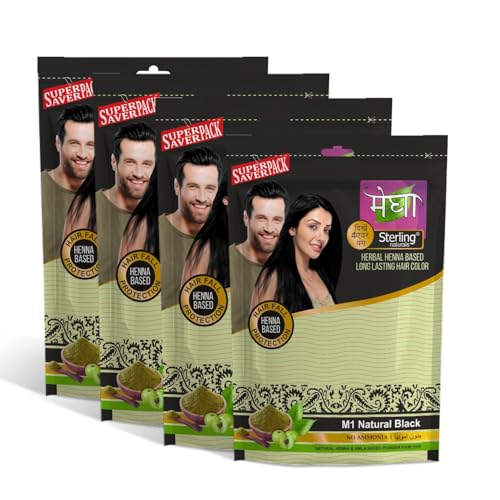 Image of Megha Mehandi Hair Care Powder for Woman & Men - Herbal Long Lasting Organic Hair Colour for Natural Dye Solution, Henna & Amla Based Mehandi, (45 g, Pack of 4, Black)