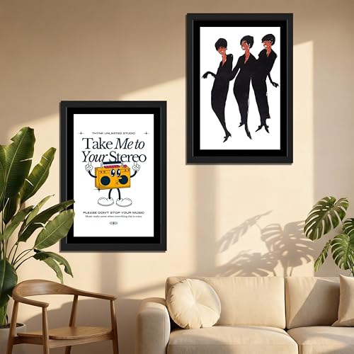 Image of NoWorries Retro Music and Fashion Disco Art Wall Painting | Vintage Stereo Quote & Dancing Silhouette Posters Frames | Premium 300 GSM Paper Print with Synthetic Wooden Frame | Modern Aesthetic Wall Decor for Living Room, Bedroom, Music Room & Office (Set of 2) (BLACK, ART-6, 13X19INCHES)