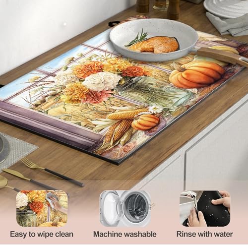 Image of Vintage Flower Vases Pumpkins Stove Top Covers Pad 28 x 20 inches Dish Drying Mat Coffee Bar Mats Kitchen Decor Absorbent Pad Fit Coffee Maker Machine Dish Drying