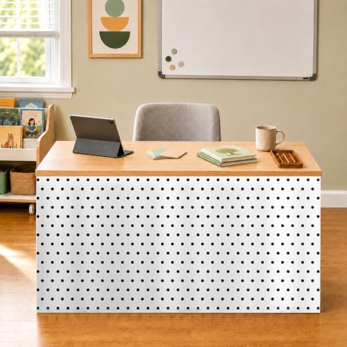 Image of 4FT Black and White Table Skirt Polka Dots Teacher Desk Skirt Classroom Desk Skirt for Back to School Decorations Classroom Table Cloth for Back to School Party Supplies Dorm Office Bookcase Cabinet
