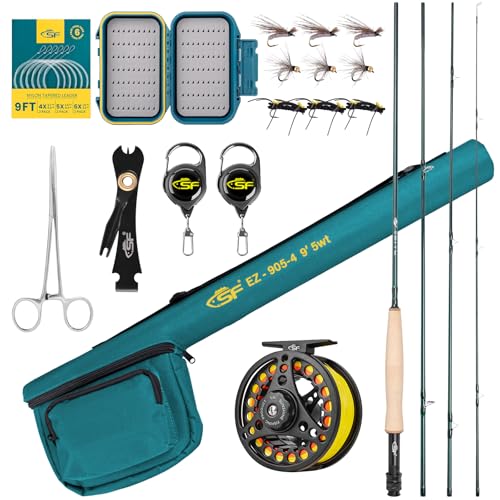 SF 5WT 9FT Fly Fishing Rod Combo Starter Kit 4 Piece Semi Gloss Green Jade Finish 24T Carbon Fiber Trout Travel Fly Rod with Reel,Travel Fly Rod Case,Fly Box , Flies,Tapered Leader,Knot Tying Tools