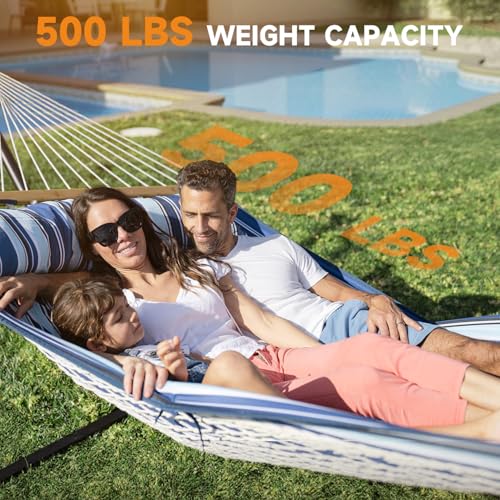 Image of Everyfun 2 Person Outdoor Hammock with Stand, Cotton Rope Hammock with Polyester Pad, Adjustable Steel Frame, Portable with Carrying Bag - for Patio, Backyard, Garden, Beach, Blue Stripe