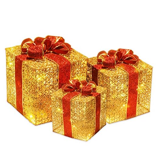 Joyjoz Set de 3 Cajas de Regalo Decorativas con Luz 50 LED, Cajas Preiluminadas para Decoración Navideña(Dorado y Rojo)