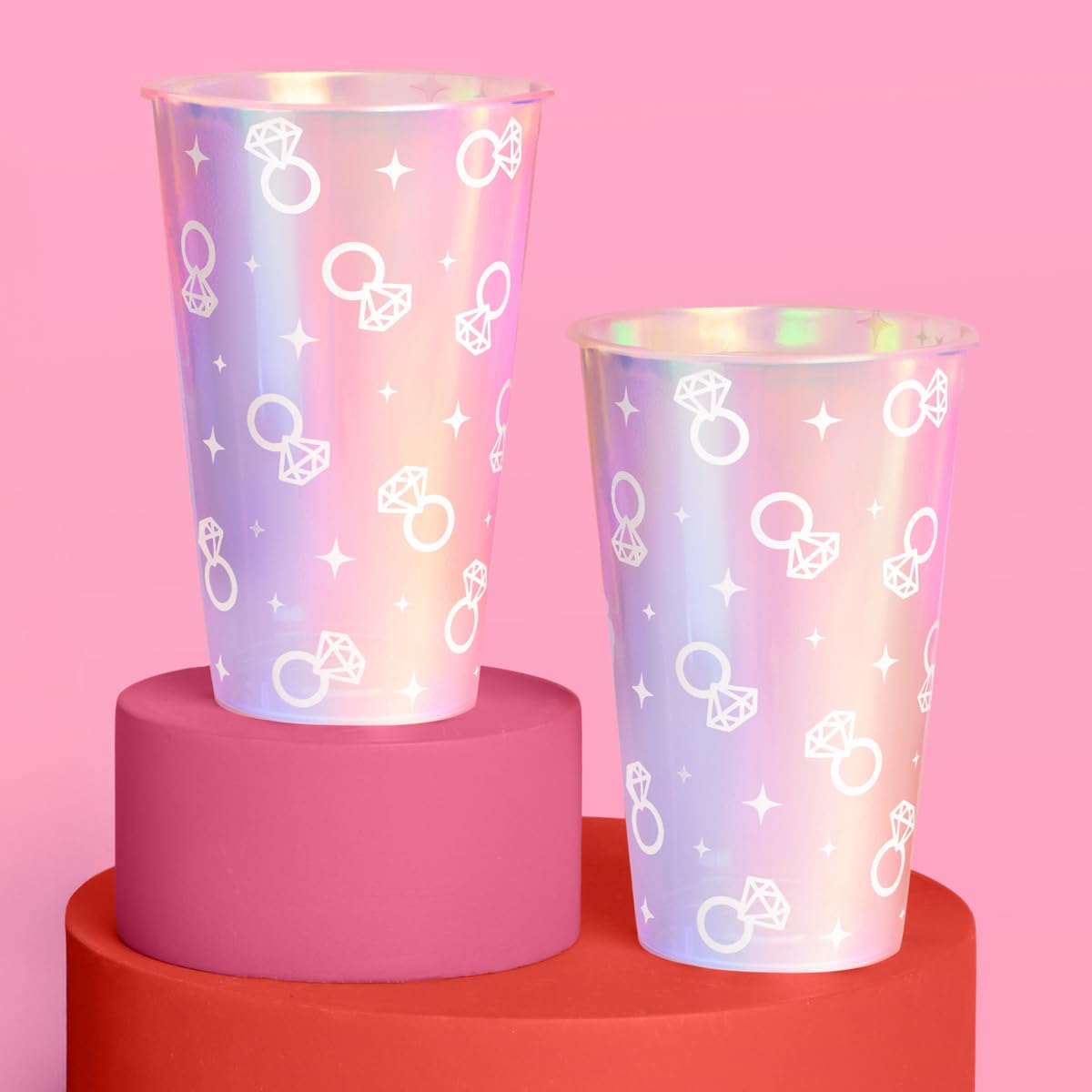 xo Fetti Iridescent Engagement Ring Plastic Cups 16 pcs 16 oz Bachelorette Drinkware Diamond Decor Bling Ring Party