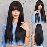 HAIRCUBE Black Brown Long Straight Hair Long Hair with bangs Natural Appearance Heat-Resistant Synthetic Wig Suitable for Fashionable Women 72cm/28 Inch