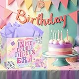 TagreSpike Large 10th Birthday Gift Bag for Girl Iridescent Double Digits Gift Bag with 10th Birthday Wrapping Paper and Card In My Double Digits Era Party Decor for Girls 10 Year Old Bday