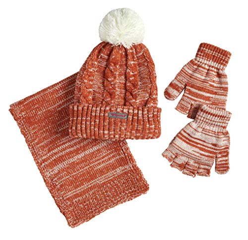 Sportoli Women’s Girls’ kids 3-Piece Cable Knit Cold Weather Set Hat Scarf Glove - Rust (Size Adult)