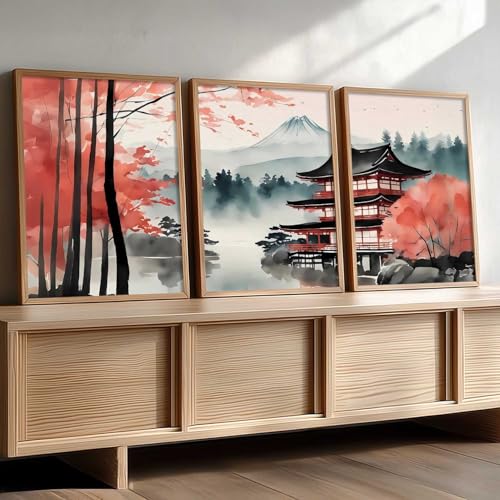 Image of kotart Big Aesthetic Mount Fuji View Wall Art Paintings | Mountain Landscape Framed Painting | Nature Art Vastu Frames for Living Room Bedroom Wall Decor Set Of 3 (10X13 inch)