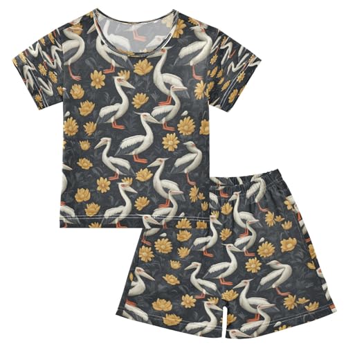 Pajama Sets Short Sleeve Elegant Bird Floral Soft Cotton Summer Sleepwear 2 Piece PJS Size 5-14T