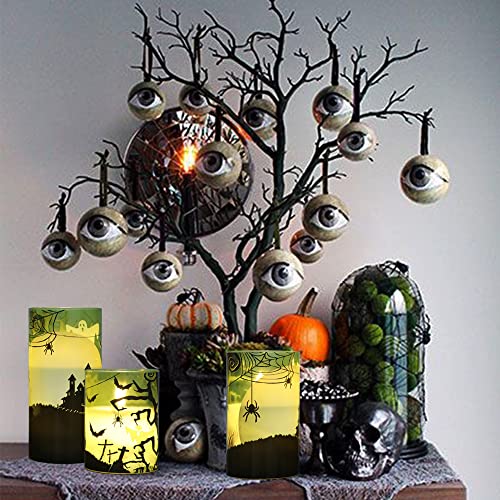 Image of GenSwin Halloween Candles Flameless with Remote Timer, Flameless Candles with Spider Web, Ghost, Castle Decals, 3 Pack Green Glass Battery Operated Candles with 3D Flickering Flame for Fall Decor