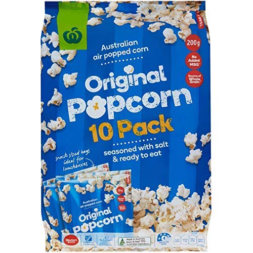 Woolworths Original Gluten Free Popcorn 10pack 200g - Our Original Popcorn only uses Corn. It is air Popped for a Fluffy Feel with Salt to Make The Perfect Snack.